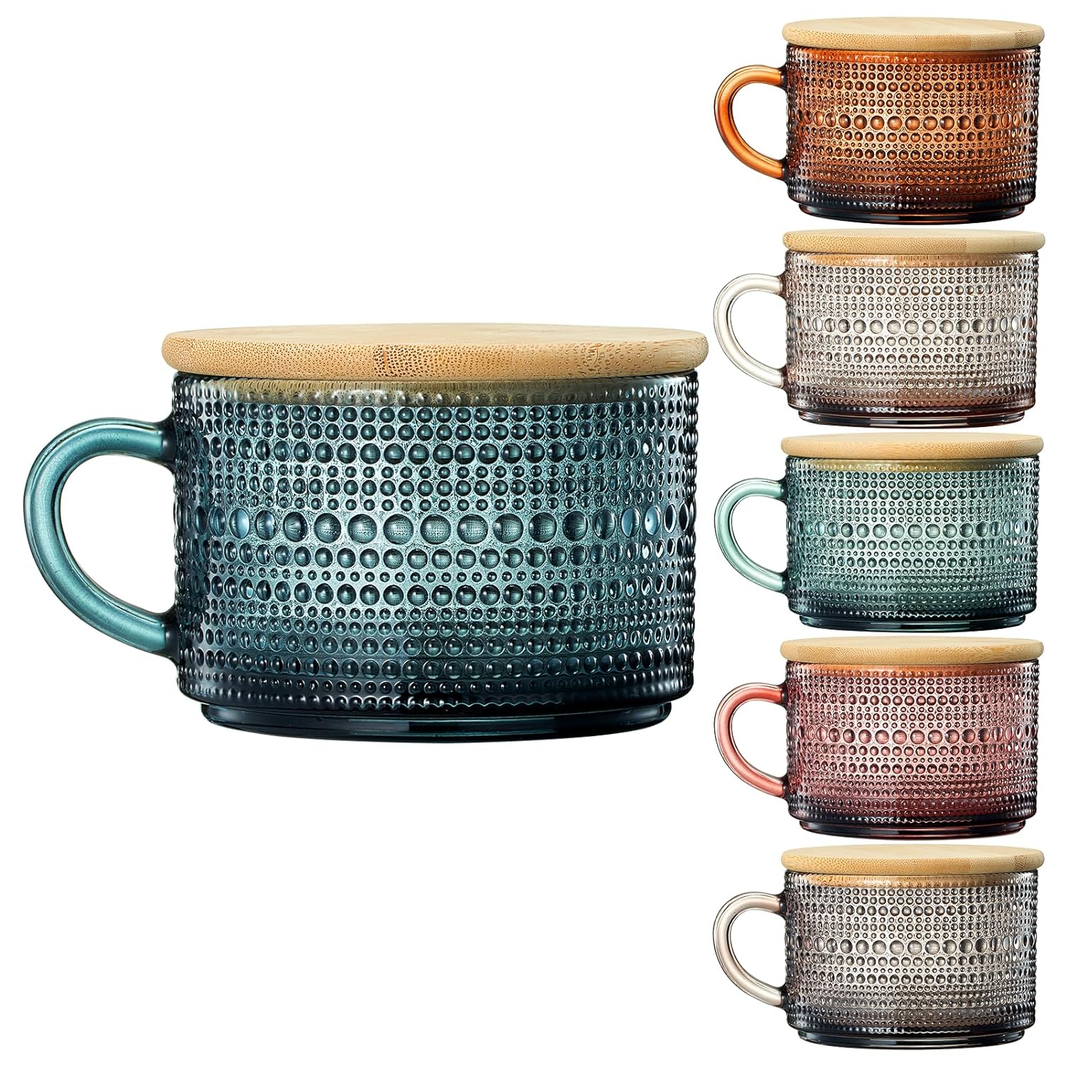 Vintage Colored Glass Coffee Mugs Set With Handles, Spoons & Lid | Set of 6 | 15oz
