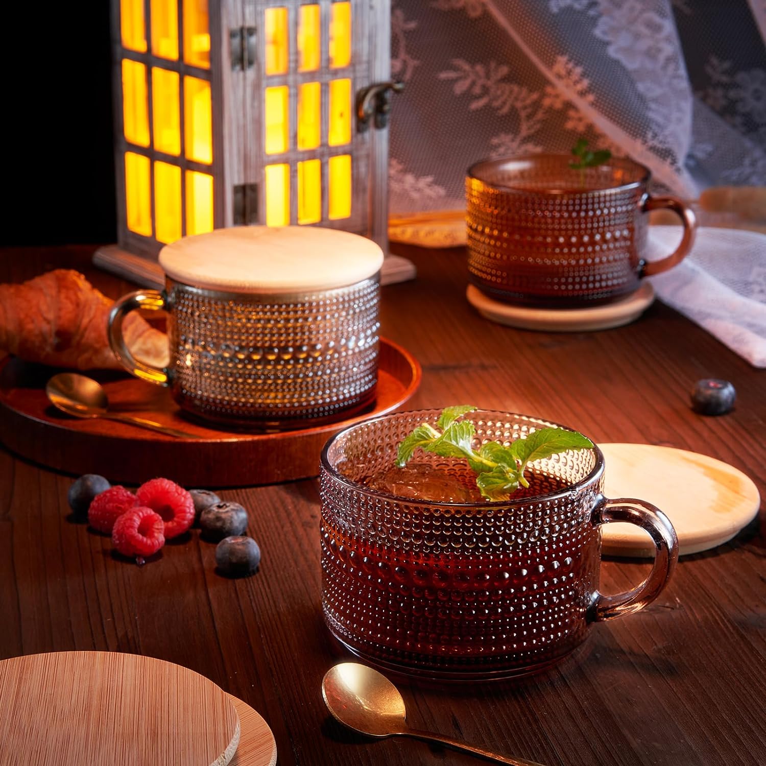 Vintage Colored Glass Coffee Mugs Set With Handles, Spoons & Lid | Set of 6 | 15oz