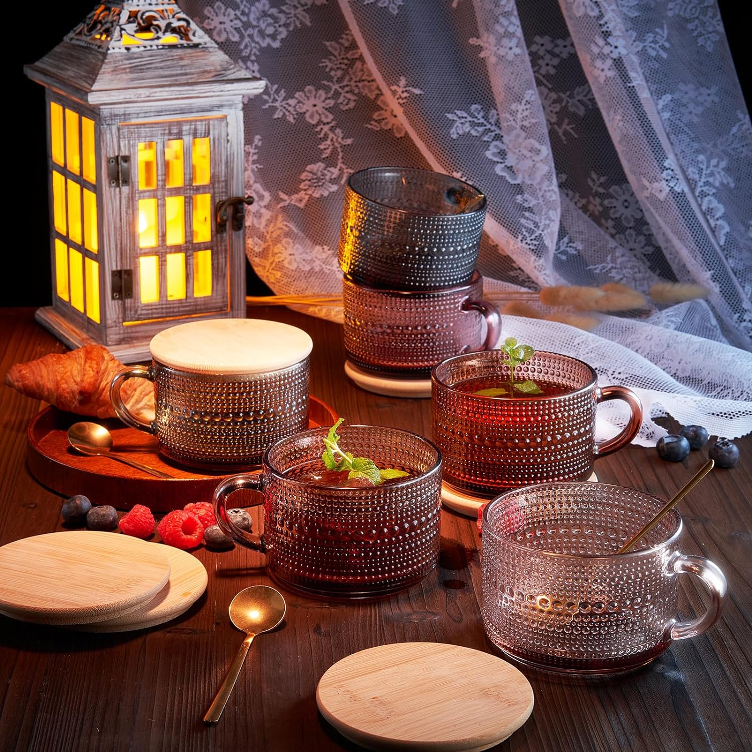 Vintage Colored Glass Coffee Mugs Set With Handles, Spoons & Lid | Set of 6 | 15oz