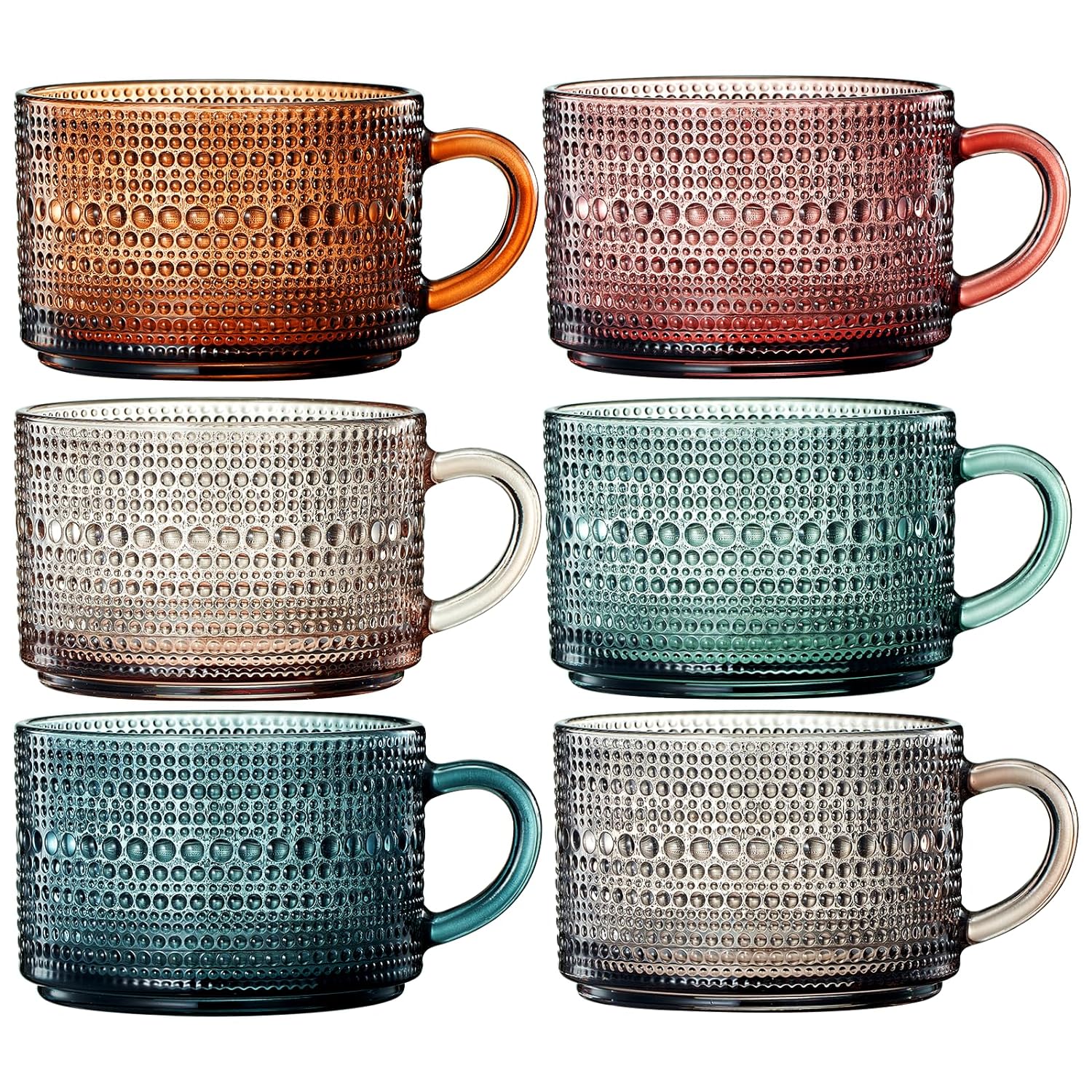 Vintage Colored Glass Coffee Mugs Set With Handles, Spoons & Lid | Set of 6 | 15oz
